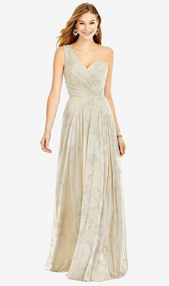 Front View - Butter Yellow Floral One-Shoulder Draped Chiffon Maxi Dress - Dani