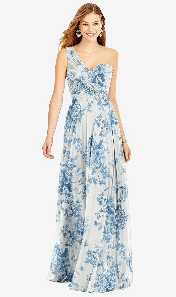 Front View - Cottage Rose Dusk Blue One-Shoulder Draped Chiffon Maxi Dress - Dani
