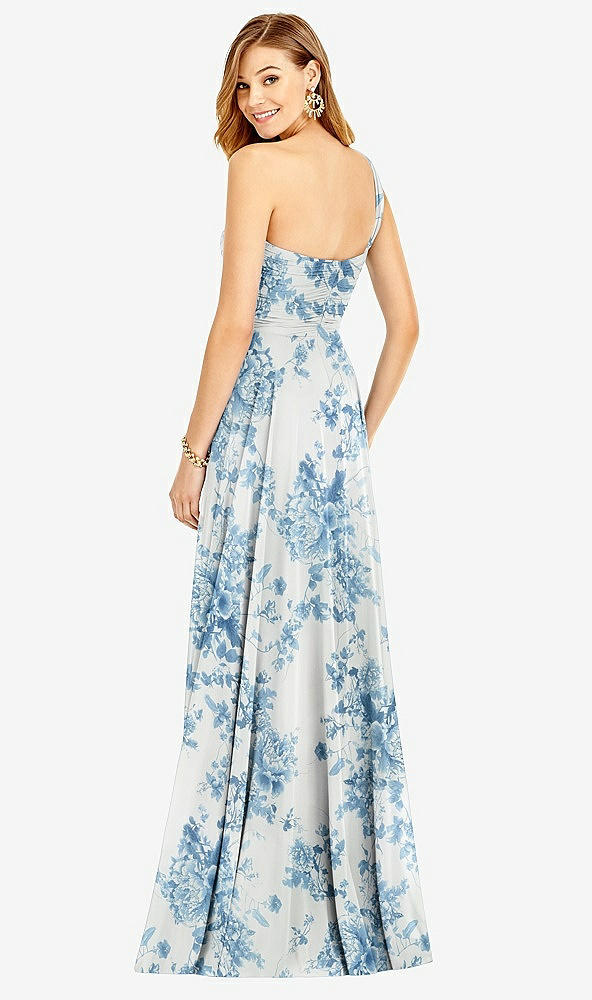 Back View - Cottage Rose Dusk Blue One-Shoulder Draped Chiffon Maxi Dress - Dani