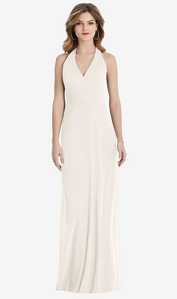 Back View - Ivory V-Neck Halter Chiffon Maxi Dress - Taryn