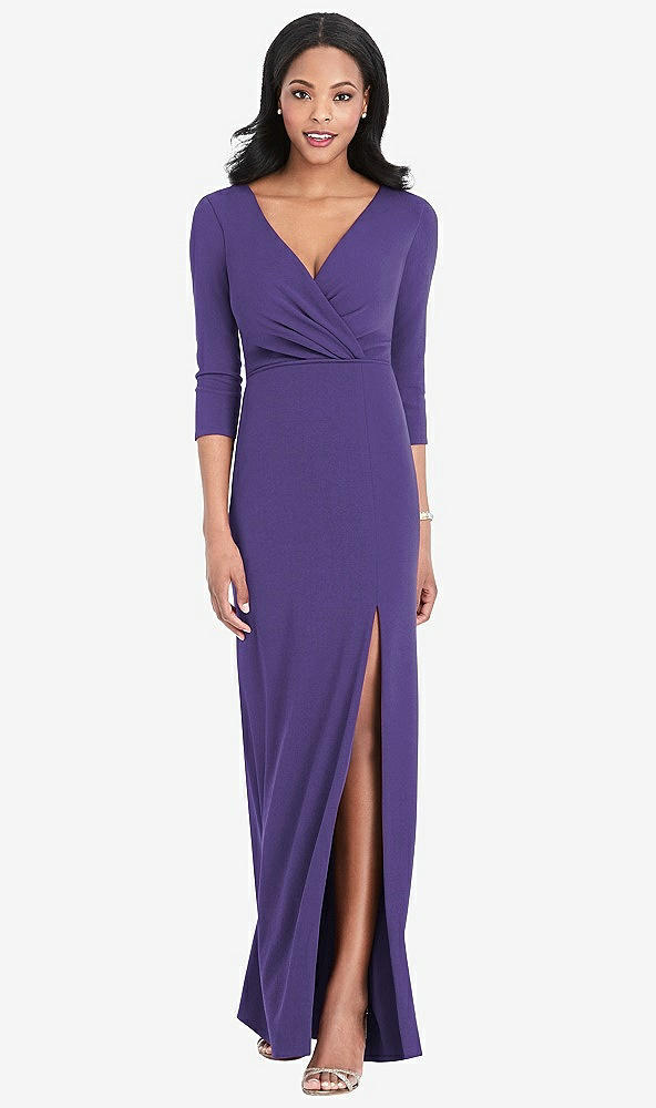 Front View - Regalia - PANTONE Ultra Violet 3/4 Sleeve V-Back Draped Wrap Maxi Dress - Yara