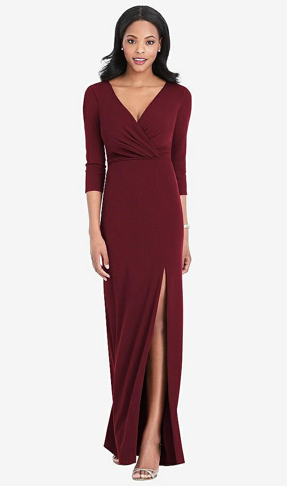Front View - Cabernet 3/4 Sleeve V-Back Draped Wrap Maxi Dress - Yara