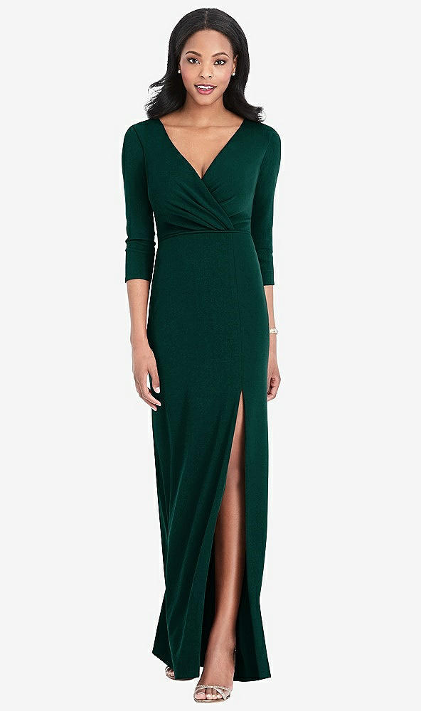 Front View - Evergreen 3/4 Sleeve V-Back Draped Wrap Maxi Dress - Yara