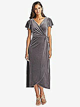 Front View Thumbnail - Caviar Gray Flutter Sleeve Velvet Midi Wrap Dress with Pockets