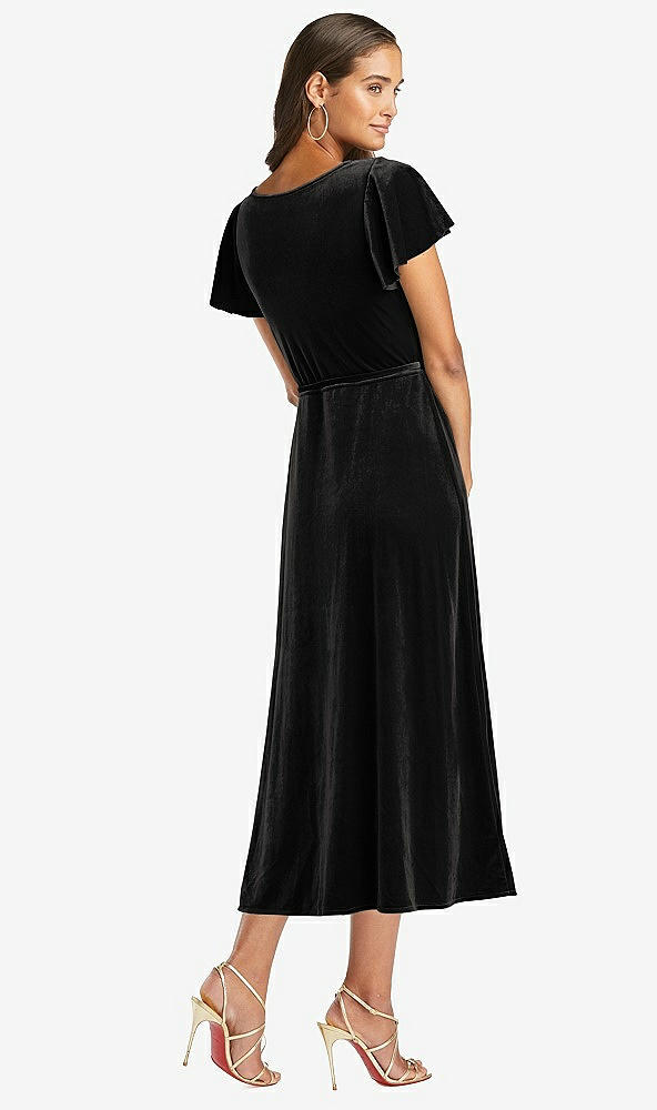 Back View - Black Flutter Sleeve Velvet Midi Wrap Dress with Pockets