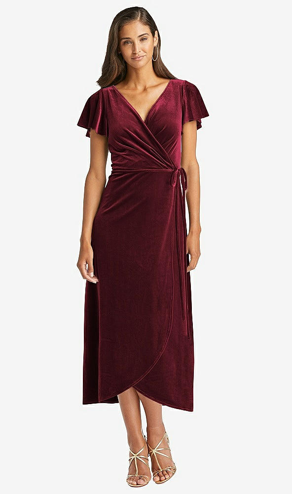 Front View - Cabernet Flutter Sleeve Velvet Midi Wrap Dress with Pockets
