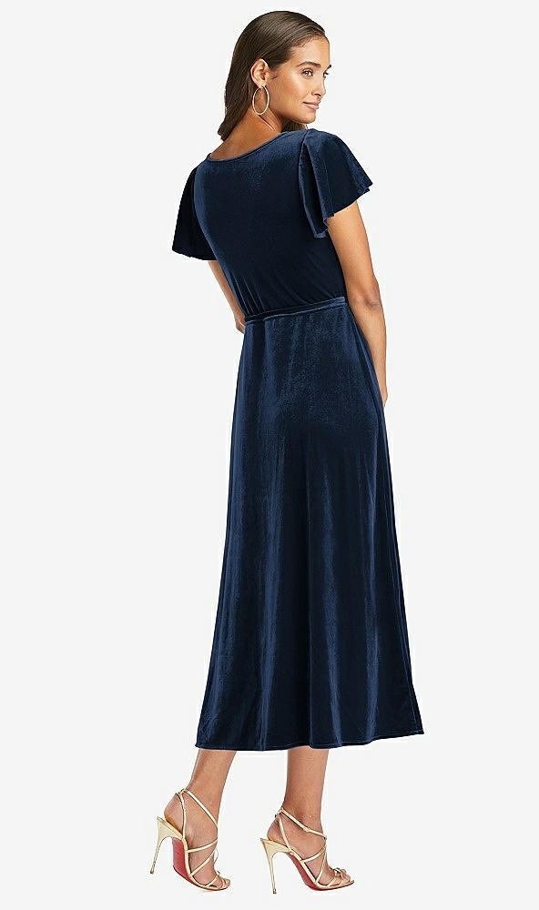 Back View - Midnight Navy Flutter Sleeve Velvet Midi Wrap Dress with Pockets