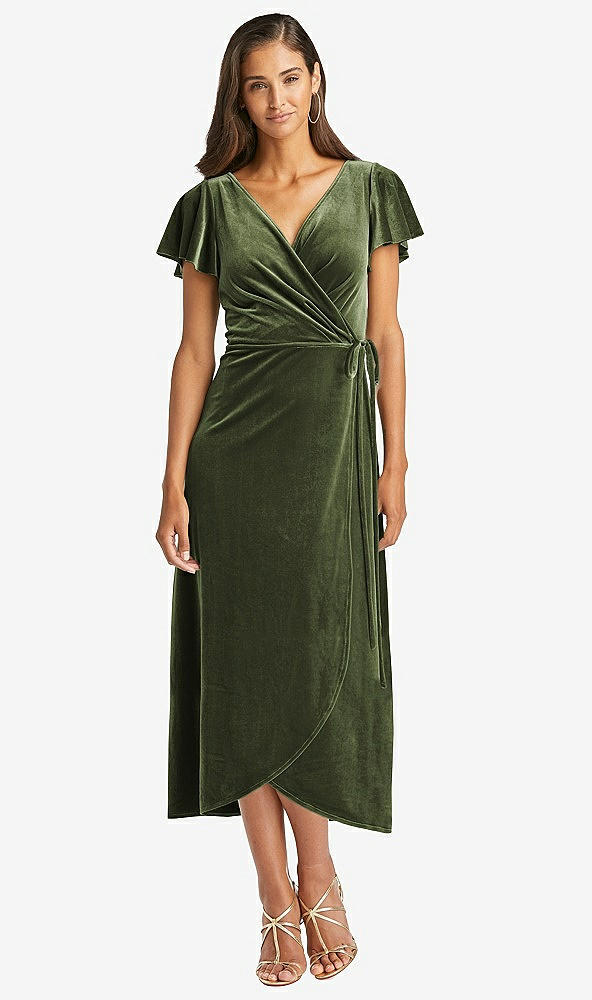 Front View - Olive Green Flutter Sleeve Velvet Midi Wrap Dress with Pockets