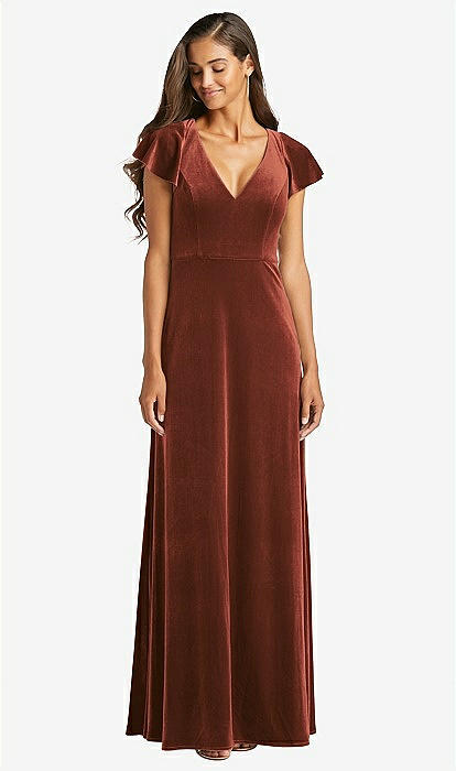 Flutter Sleeve Velvet Maxi Bridesmaid Dress With Pockets In Auburn
