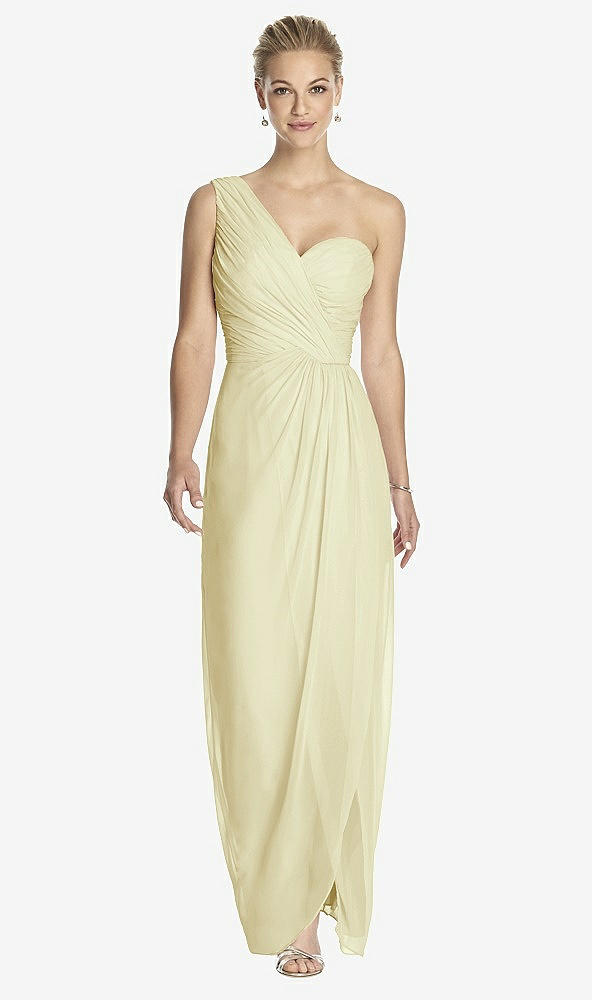 Front View - Butter Yellow One-Shoulder Draped Maxi Dress with Front Slit - Aeryn