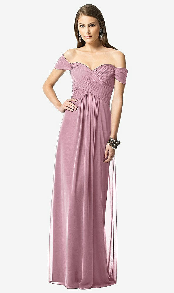 Front View - Dusty Pink Off-the-Shoulder Ruched Chiffon Maxi Dress - Alessia