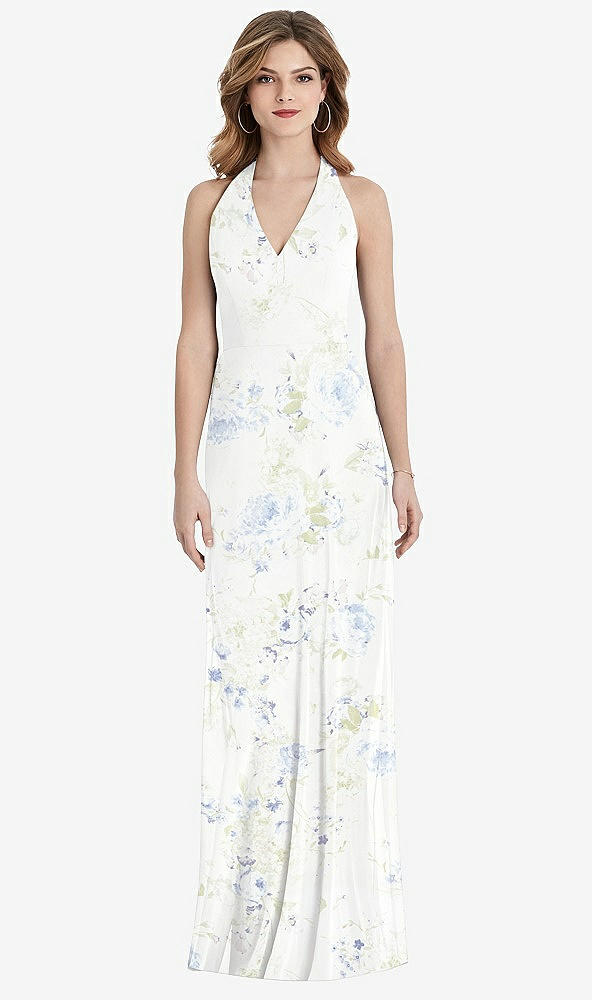 Front View - Bleu Garden V-Neck Halter Chiffon Maxi Dress - Taryn