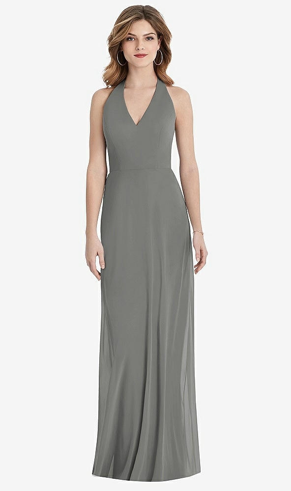 Front View - Charcoal Gray V-Neck Halter Chiffon Maxi Dress - Taryn