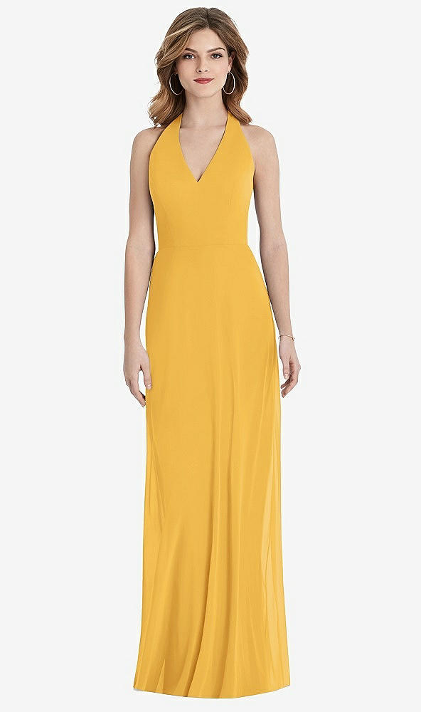 Front View - NYC Yellow V-Neck Halter Chiffon Maxi Dress - Taryn