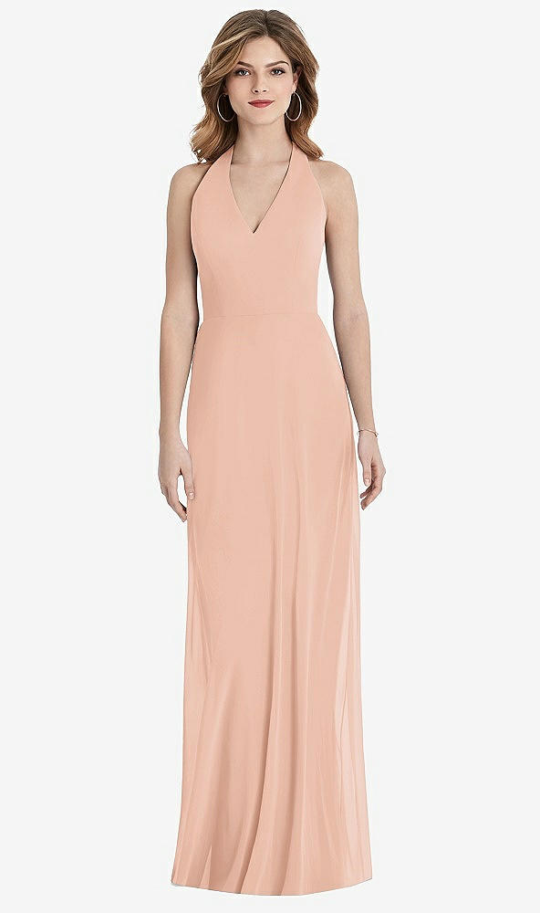 Front View - Pale Peach V-Neck Halter Chiffon Maxi Dress - Taryn