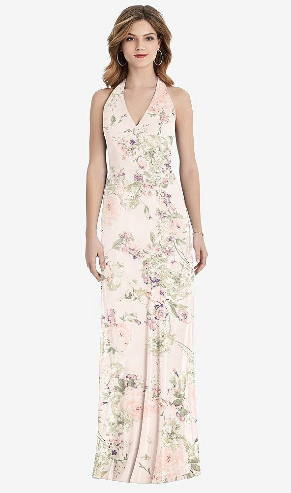 Front View - Blush Garden V-Neck Halter Chiffon Maxi Dress - Taryn