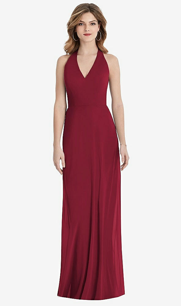 Front View - Burgundy V-Neck Halter Chiffon Maxi Dress - Taryn