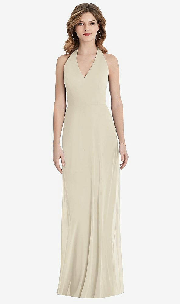 Front View - Champagne V-Neck Halter Chiffon Maxi Dress - Taryn