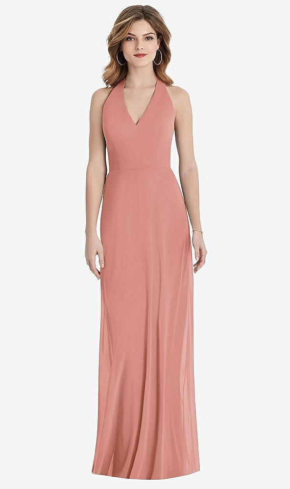 Front View - Desert Rose V-Neck Halter Chiffon Maxi Dress - Taryn