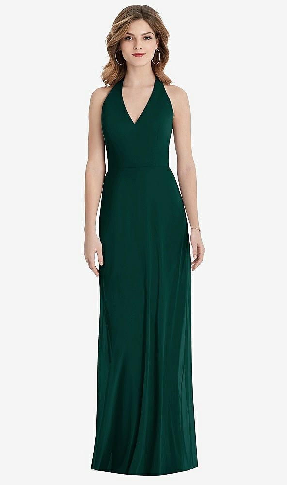 Front View - Evergreen V-Neck Halter Chiffon Maxi Dress - Taryn