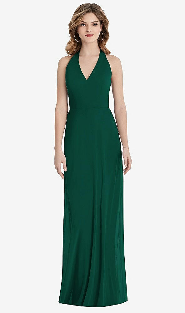 Front View - Hunter Green V-Neck Halter Chiffon Maxi Dress - Taryn