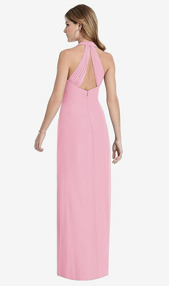 Back View - Peony Pink V-Neck Halter Chiffon Maxi Dress - Taryn
