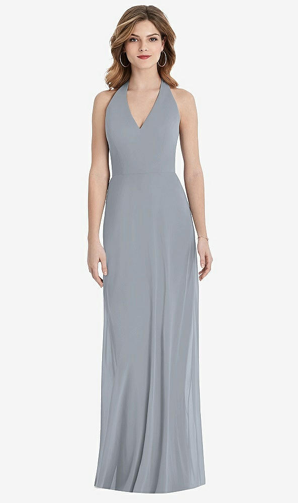 Front View - Platinum V-Neck Halter Chiffon Maxi Dress - Taryn