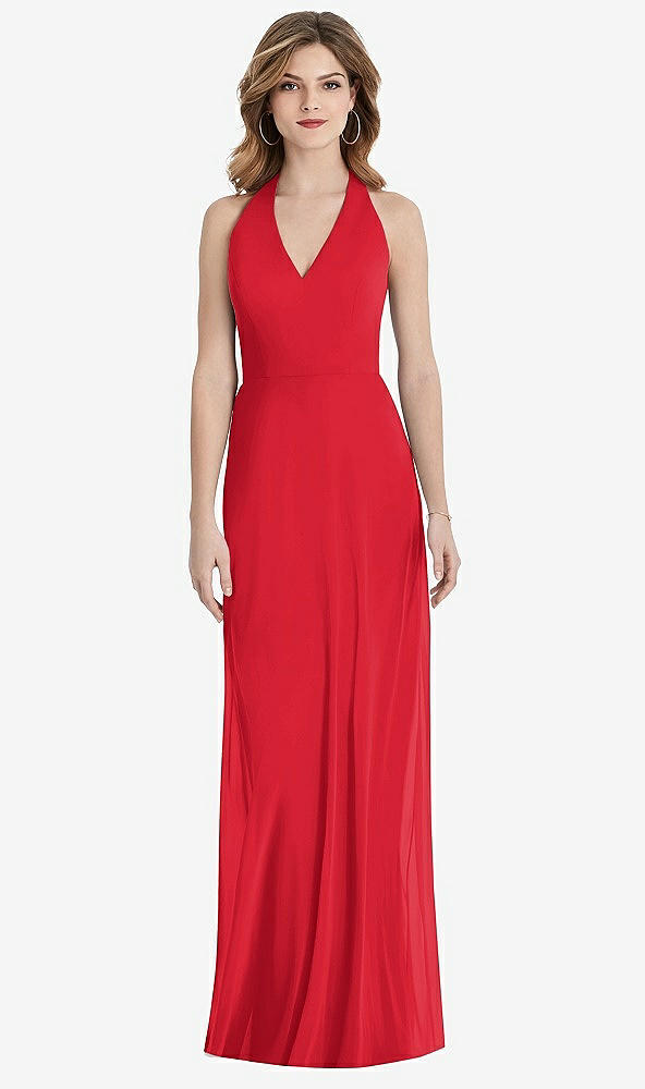 Front View - Parisian Red V-Neck Halter Chiffon Maxi Dress - Taryn