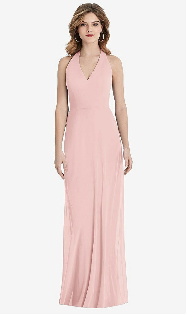 Front View - Rose V-Neck Halter Chiffon Maxi Dress - Taryn