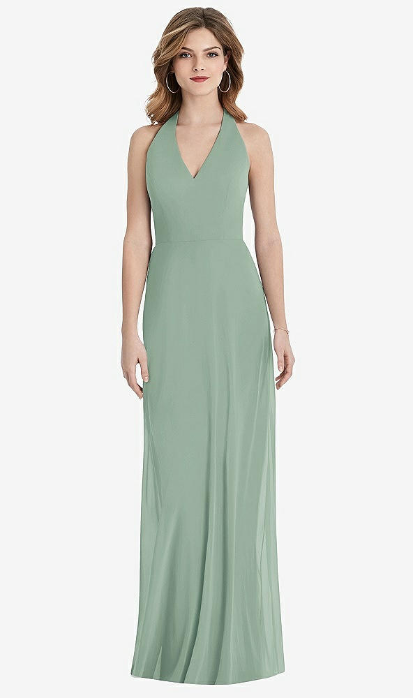 Front View - Seagrass V-Neck Halter Chiffon Maxi Dress - Taryn