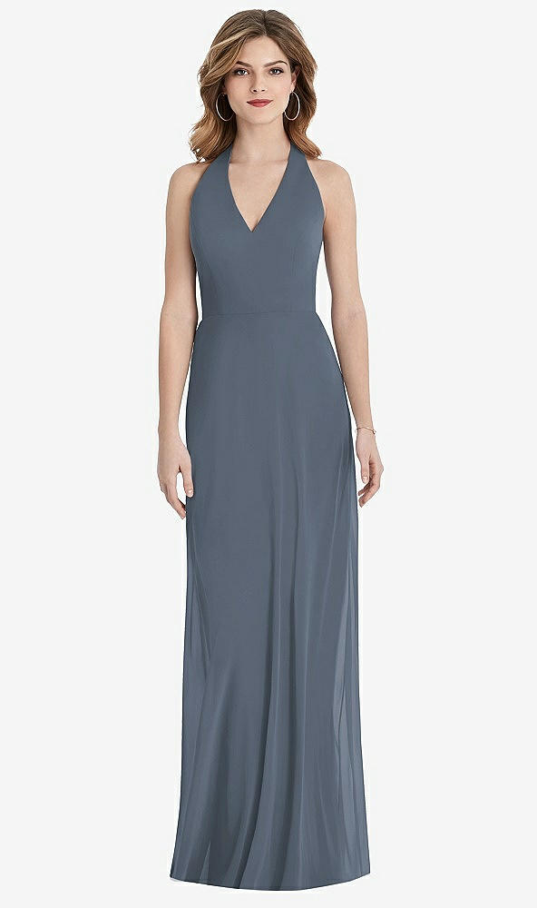 Front View - Silverstone V-Neck Halter Chiffon Maxi Dress - Taryn