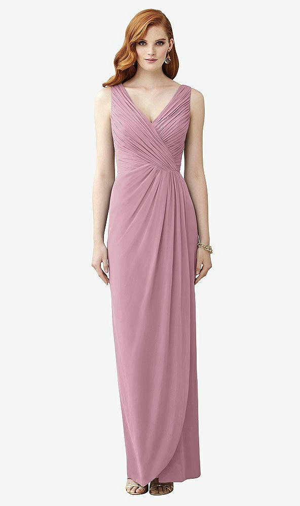 Front View - Dusty Pink Sleeveless Draped Faux Wrap Maxi Dress - Dahlia