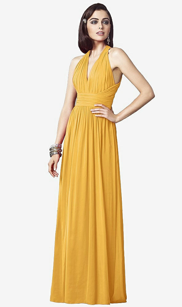 Front View - NYC Yellow Ruched Halter Open-Back Maxi Dress - Jada