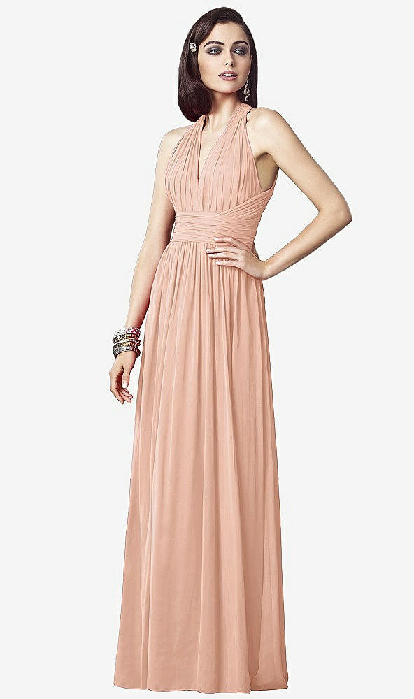 Front View - Pale Peach Ruched Halter Open-Back Maxi Dress - Jada