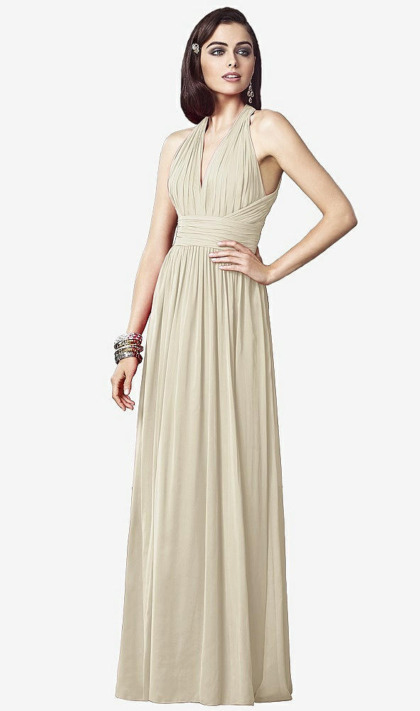 Front View - Champagne Ruched Halter Open-Back Maxi Dress - Jada