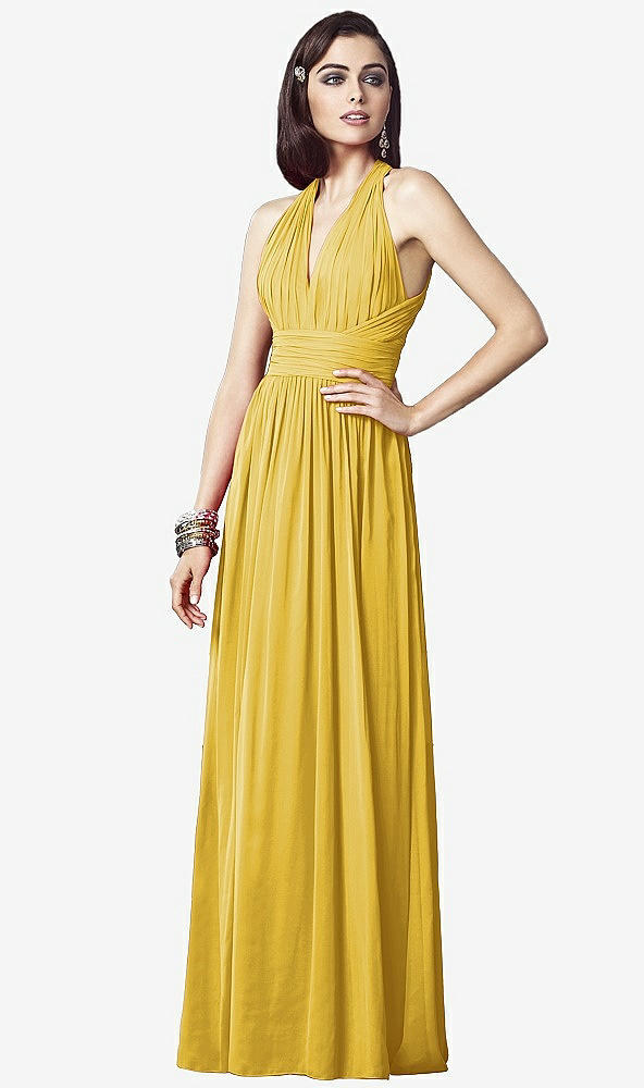 Front View - Marigold Ruched Halter Open-Back Maxi Dress - Jada