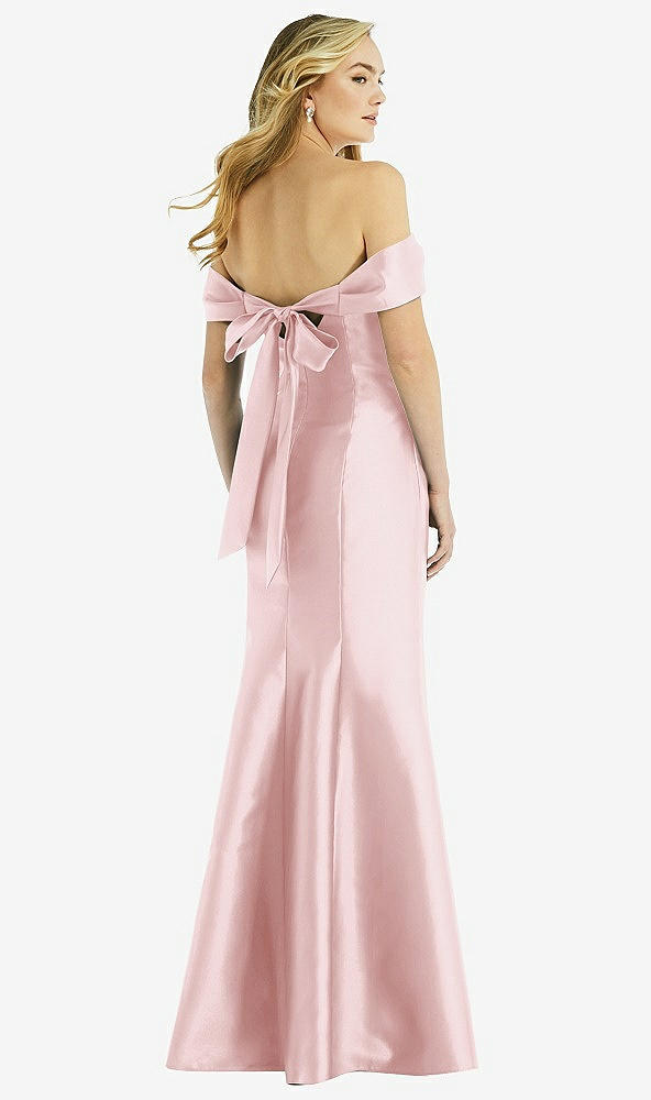 Back View - Ballet Pink Off-the-Shoulder Bow-Back Satin Trumpet Gown