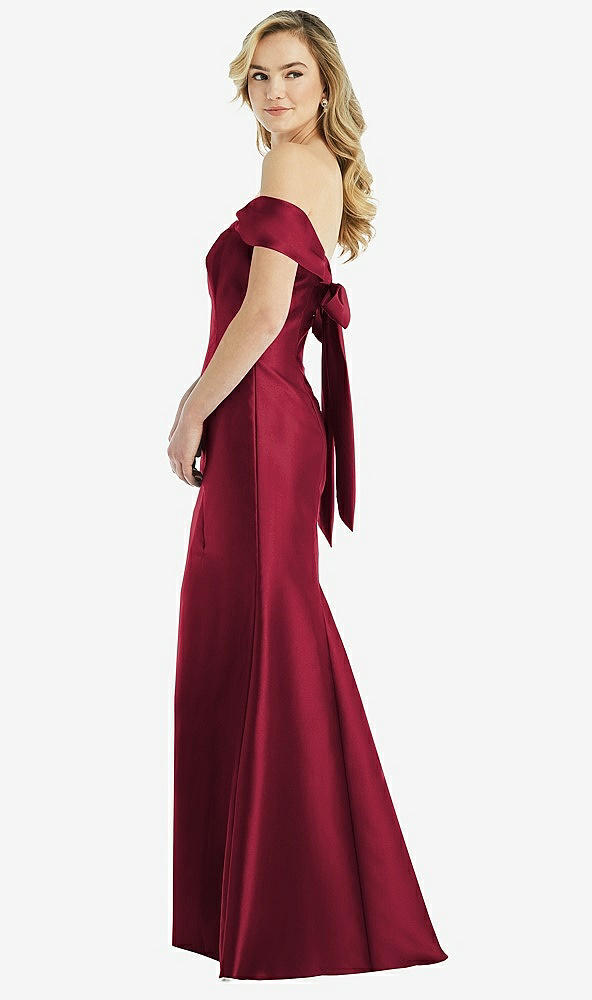Front View - Burgundy Off-the-Shoulder Bow-Back Satin Trumpet Gown