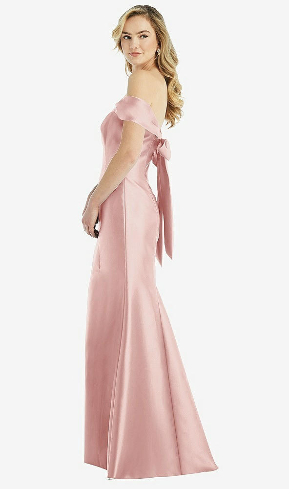 Front View - Rose Off-the-Shoulder Bow-Back Satin Trumpet Gown