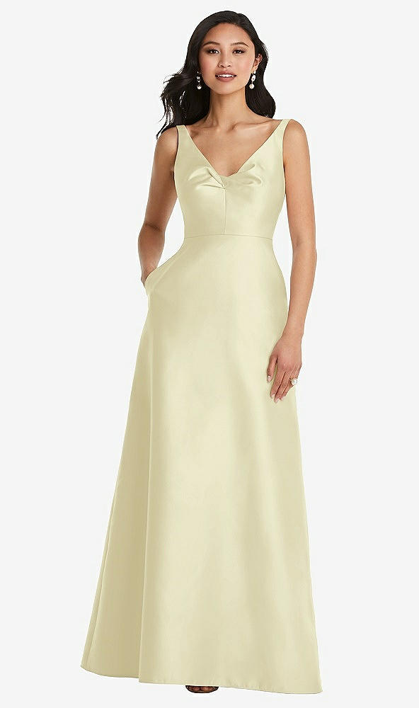 Front View - Butter Yellow Pleated Bodice Open-Back Maxi Dress with Pockets