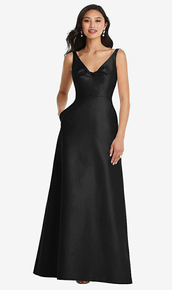 Front View - Black Pleated Bodice Open-Back Maxi Dress with Pockets