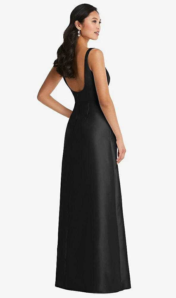 Back View - Black Pleated Bodice Open-Back Maxi Dress with Pockets