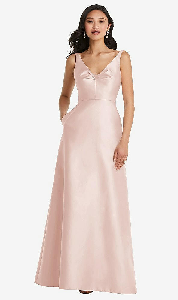 Front View - Blush Pleated Bodice Open-Back Maxi Dress with Pockets