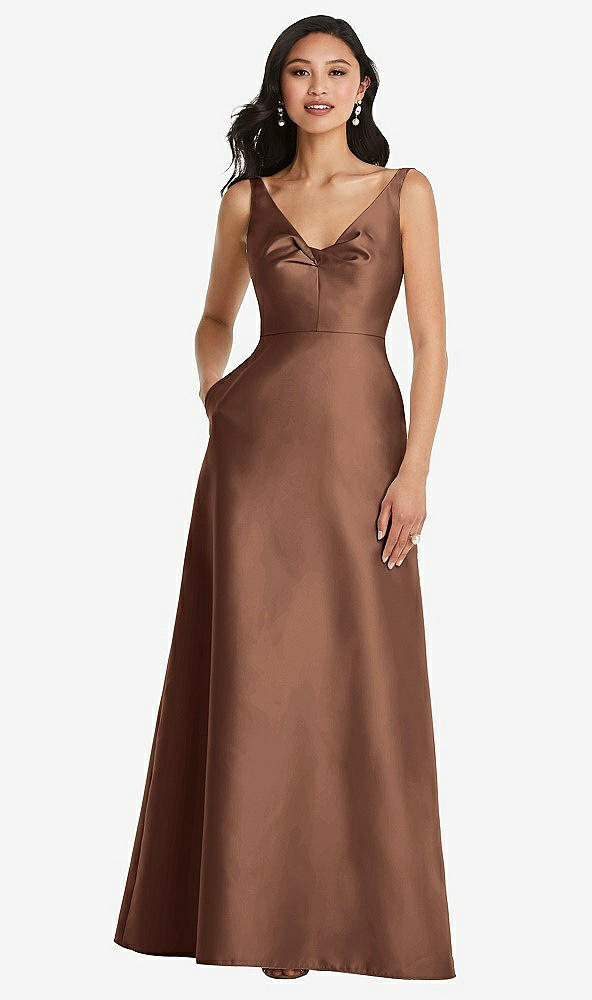 Front View - Cognac Pleated Bodice Open-Back Maxi Dress with Pockets