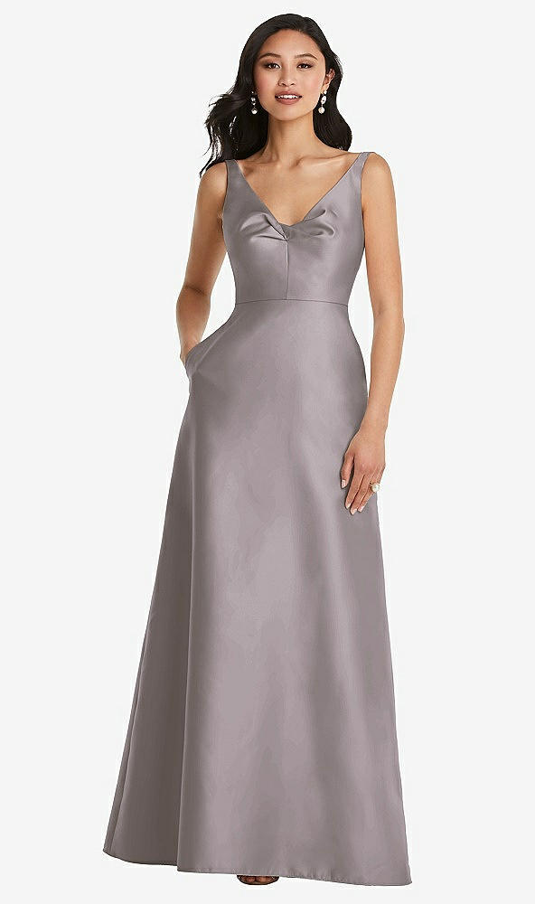 Front View - Cashmere Gray Pleated Bodice Open-Back Maxi Dress with Pockets