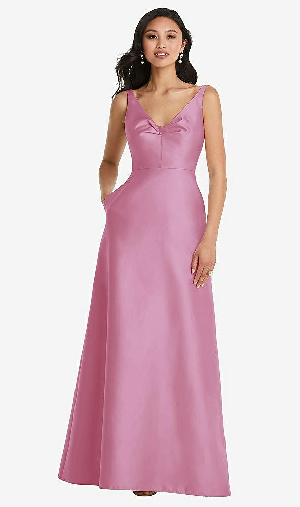 Front View - Powder Pink Pleated Bodice Open-Back Maxi Dress with Pockets