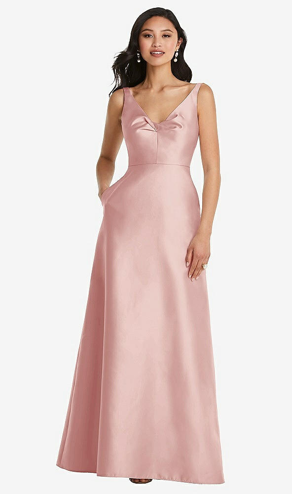 Front View - Rose Pleated Bodice Open-Back Maxi Dress with Pockets