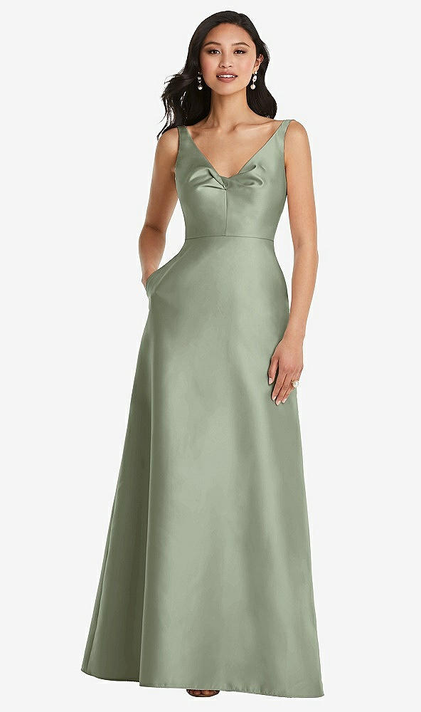 Front View - Sage Pleated Bodice Open-Back Maxi Dress with Pockets