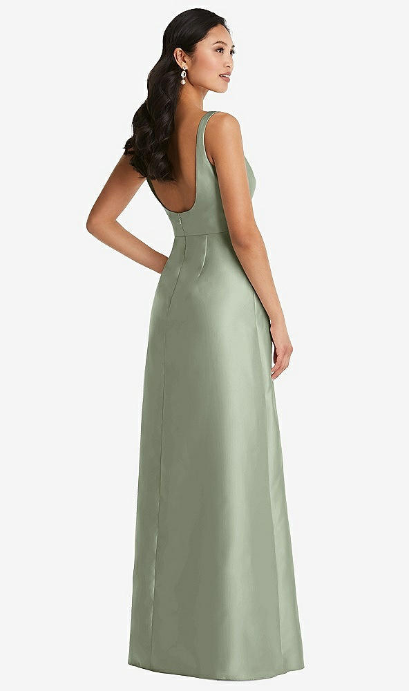 Back View - Sage Pleated Bodice Open-Back Maxi Dress with Pockets