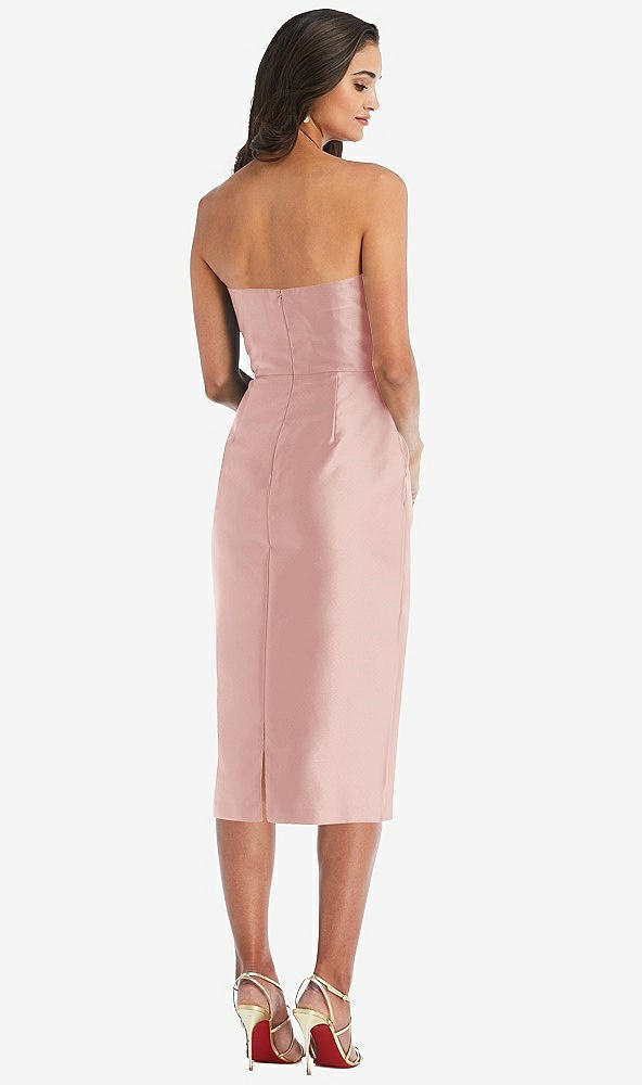 Back View - Rose Strapless Bow-Waist Pleated Satin Pencil Dress with Pockets